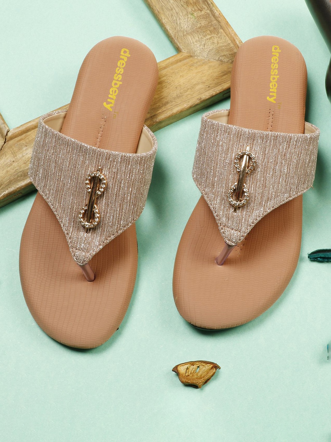 

DressBerry Women Embellished T-Strap Flats, Peach