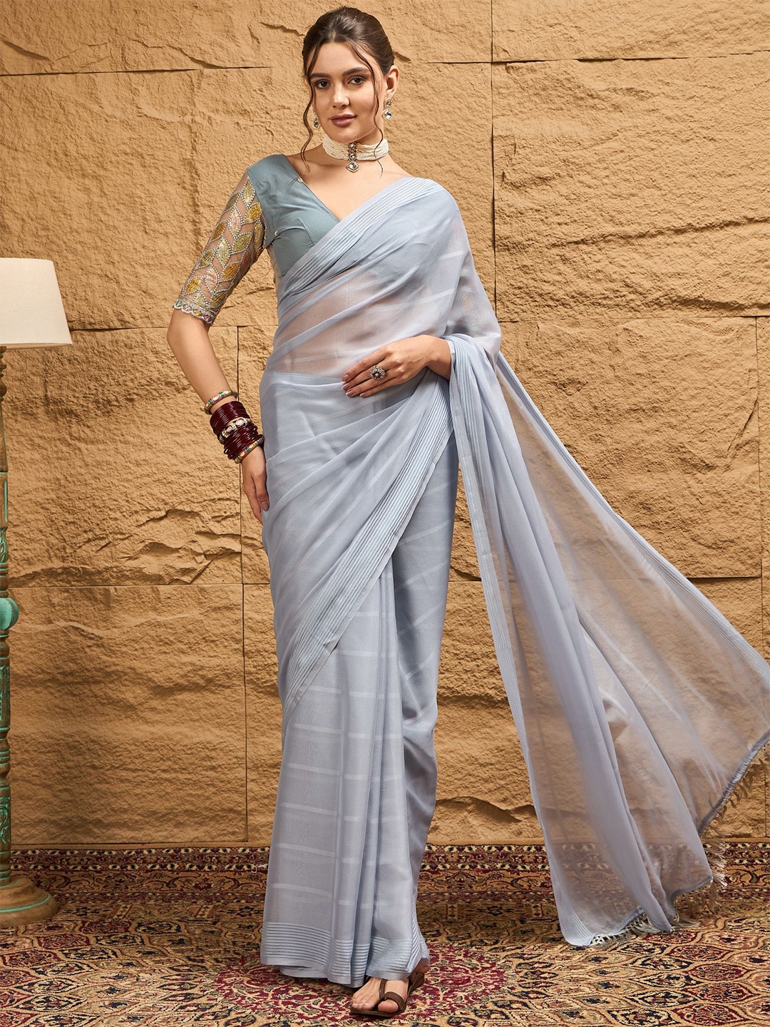 

Dori Pure Chiffon Striped Saree, Grey