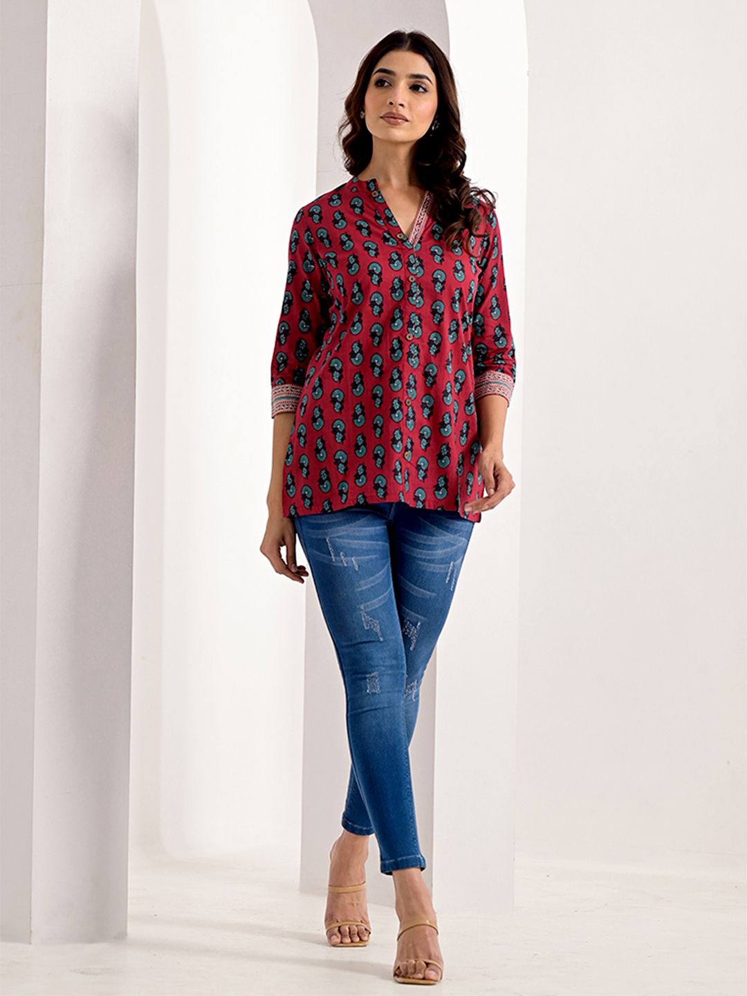 

ARAVALII Print Crimson Pure Cotton Top, Red