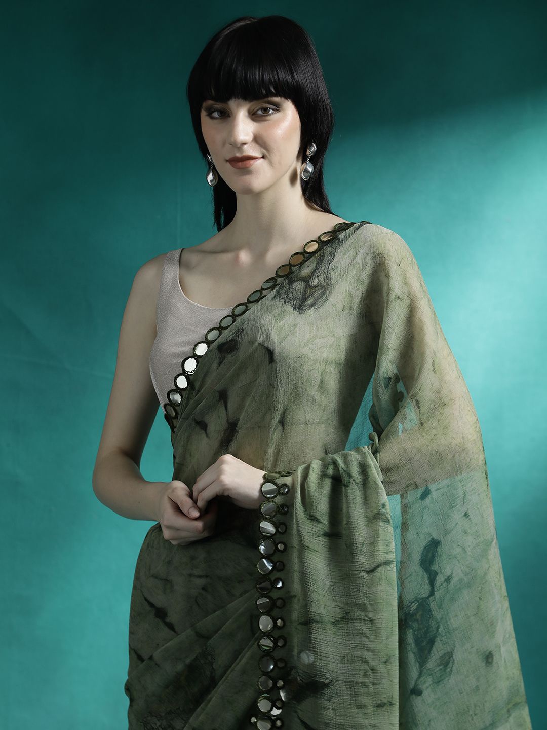 

Sangria Abstract Printed Mirror Work Saree, Olive