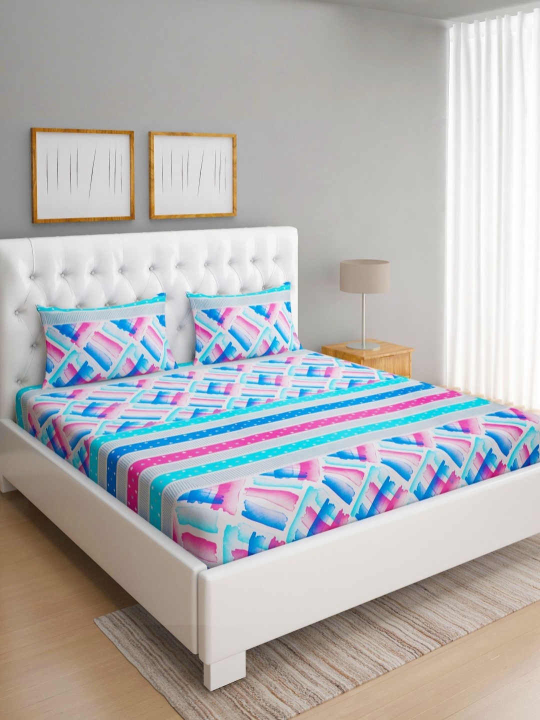 

ROMEE Blue Geometric Printed 186 TC Microfiber Double Queen Bedsheet & 2 Pillow Covers