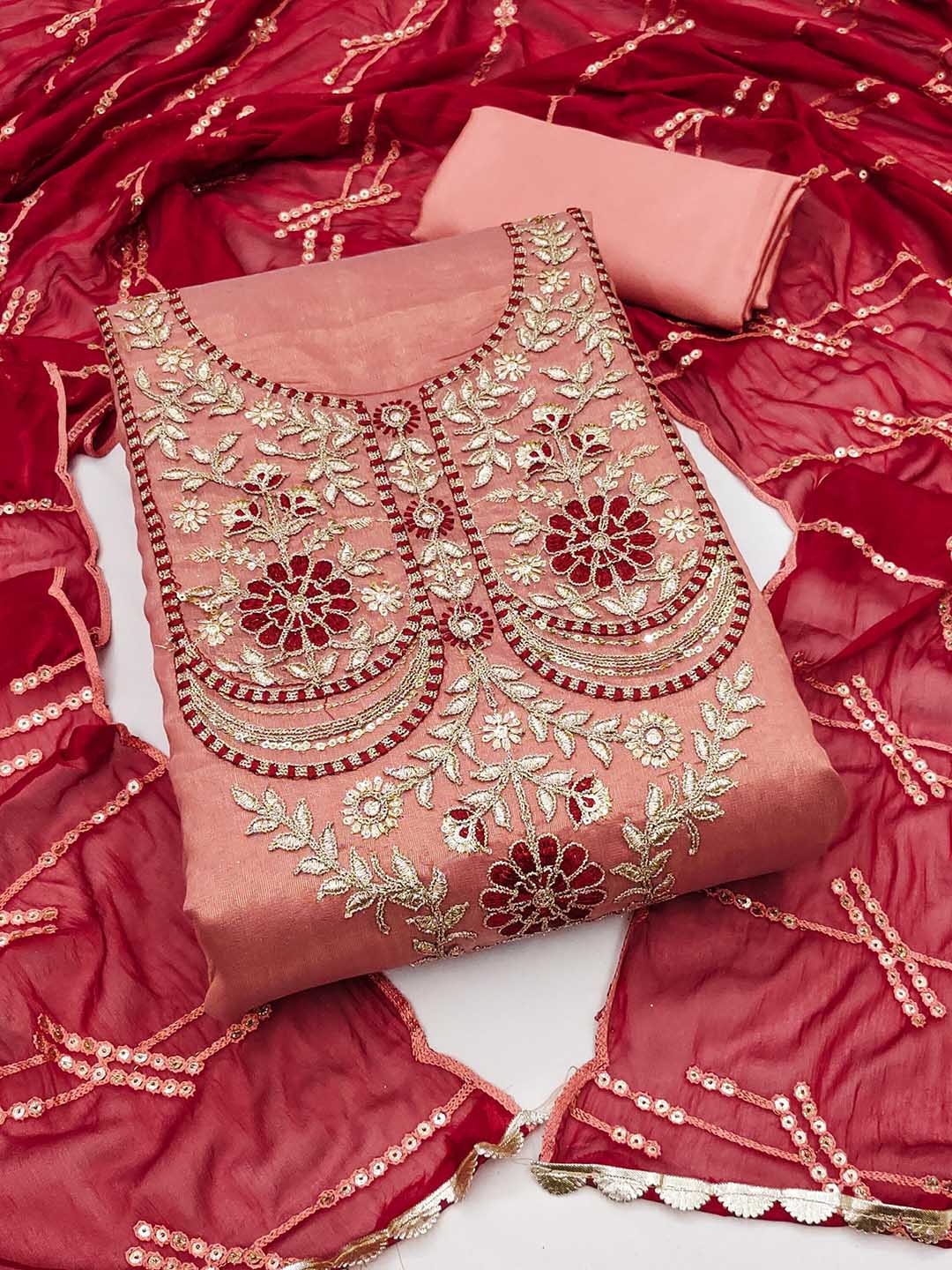 

Ishin Ethnic Motifs Embroidered Gotta Patti Unstitched Dress Material, Peach