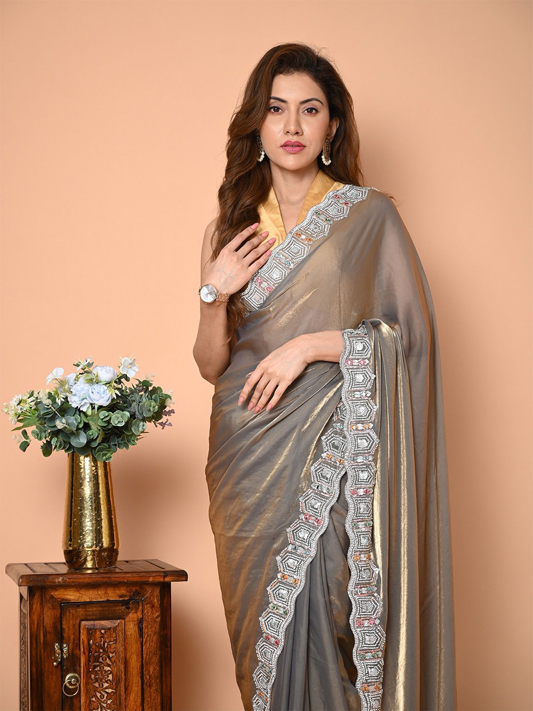 

BEATITUDE Solid Sequinned Tissue Saree, Brown