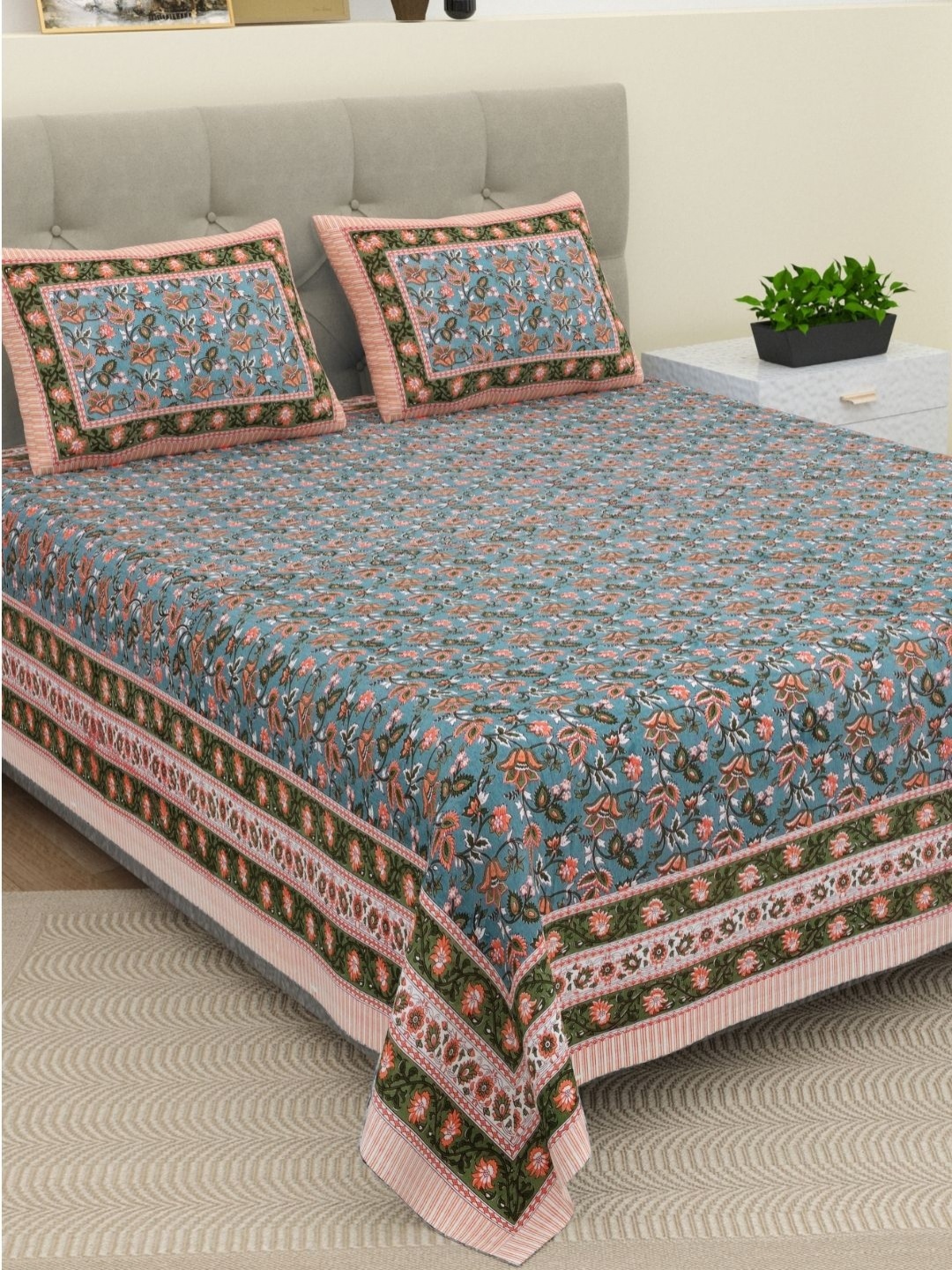 

The Craft Monk Green Floral Printed 210 TC Cotton King Bedsheet with 2 Pillow Covers