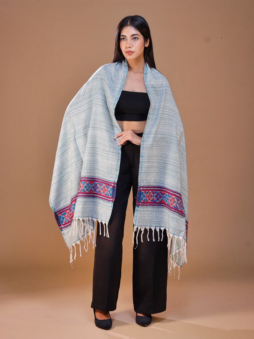 

SWI Stylish Women Striped Wool Stole, Turquoise blue