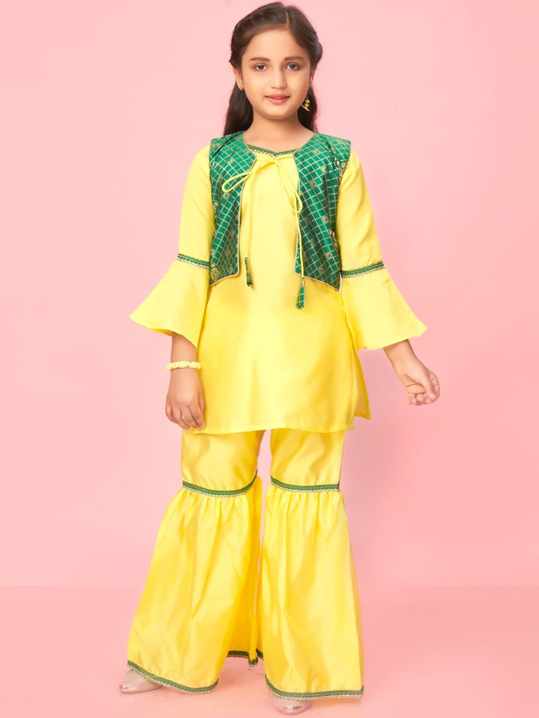 

BAESD Girls Round Neck Pure Silk Kurta With Sharara, Yellow