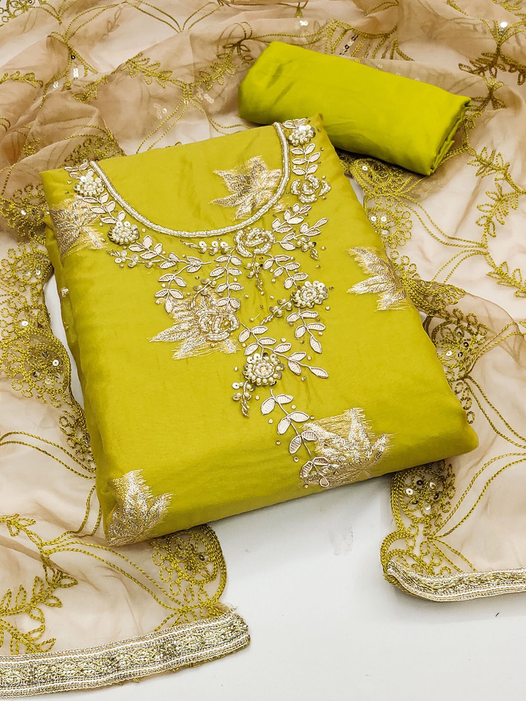 

Ishin Floral Embroidered Beads and Stones Organza Unstitched Dress Material, Green