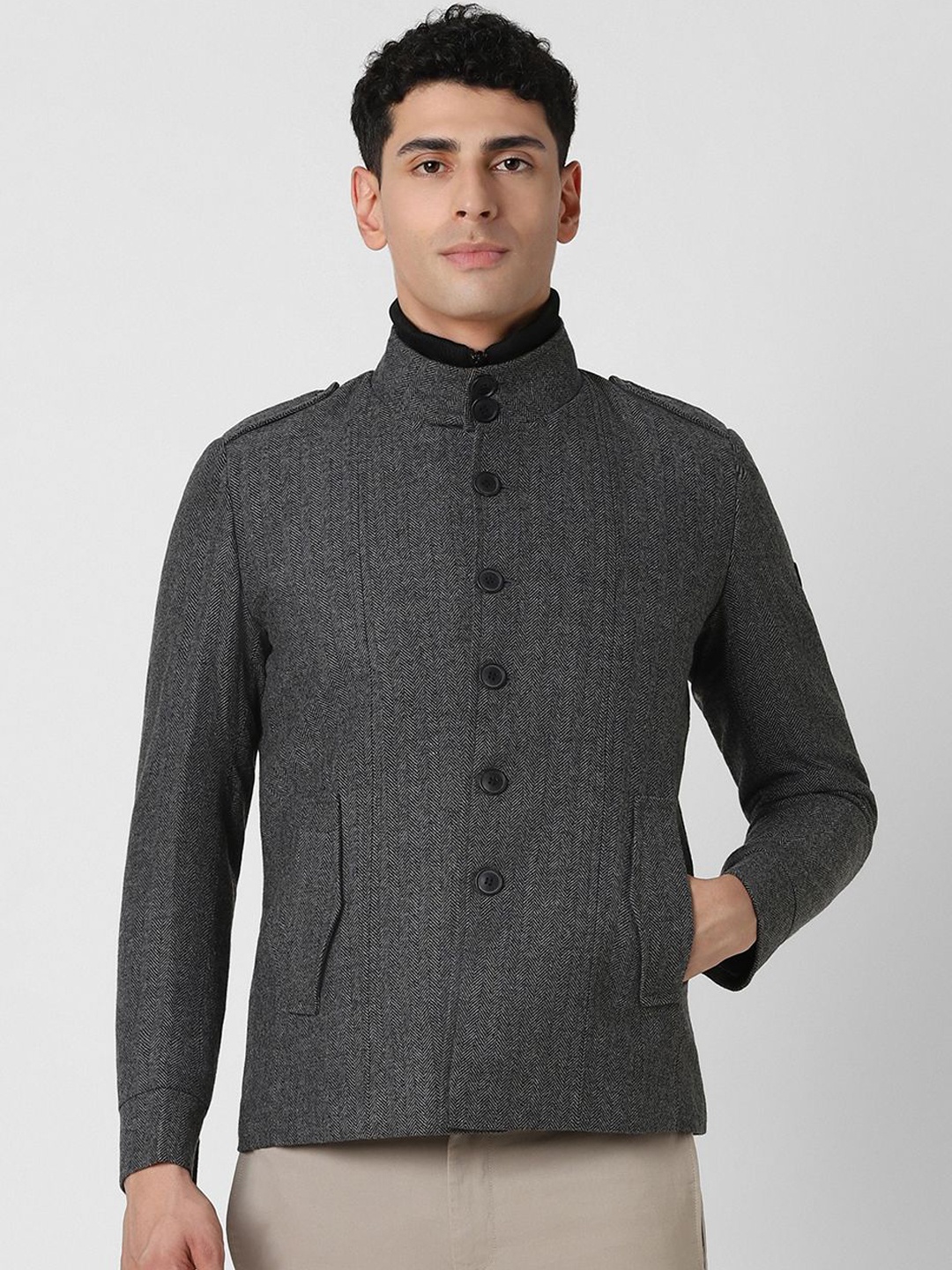 

Van Heusen Sport Men Cotton Mock Collar Self Design Tailored Casual Jacket, Grey