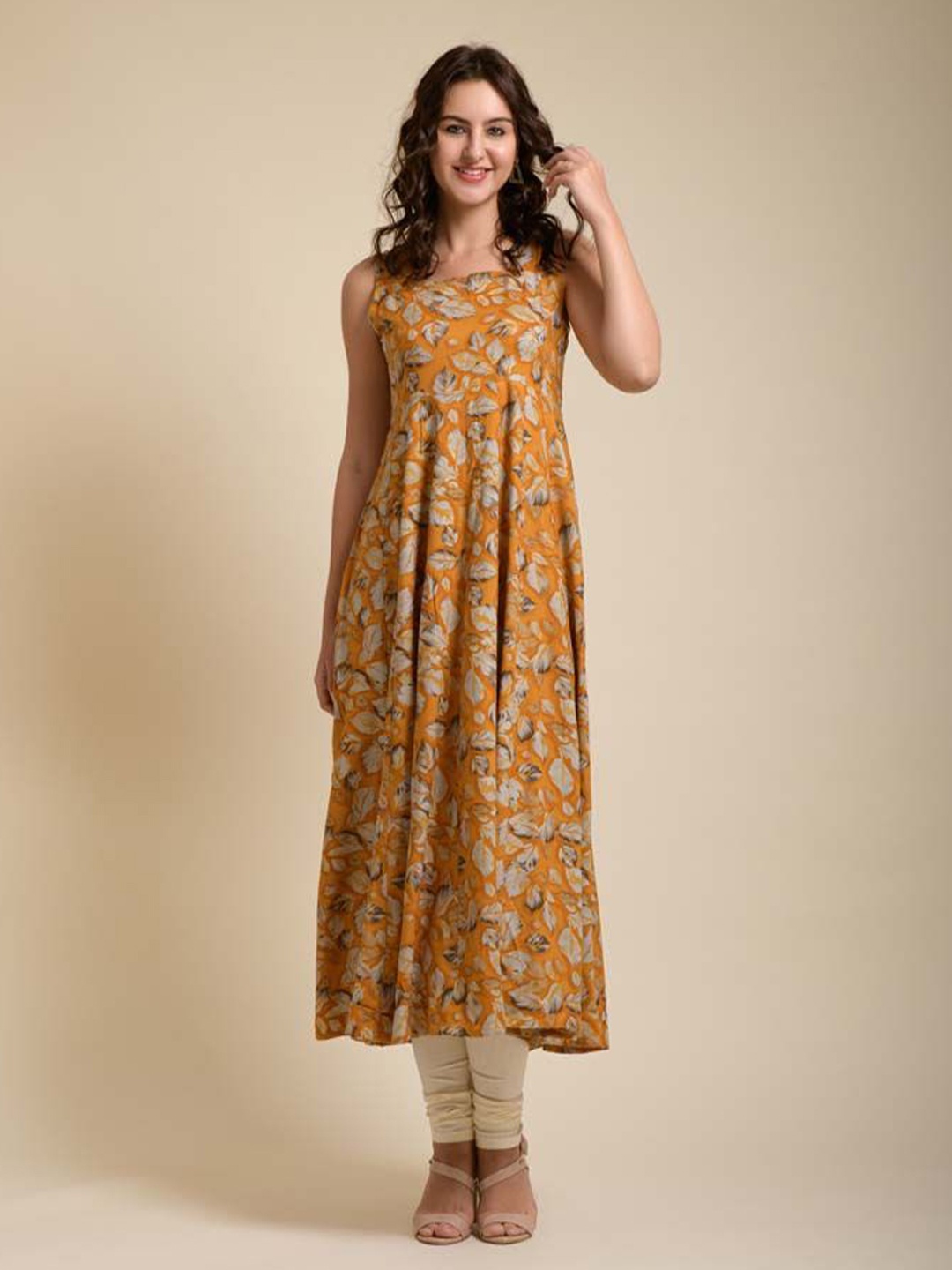 

SAZRIKA Printed Anarkali Flared Kurtas, Mustard