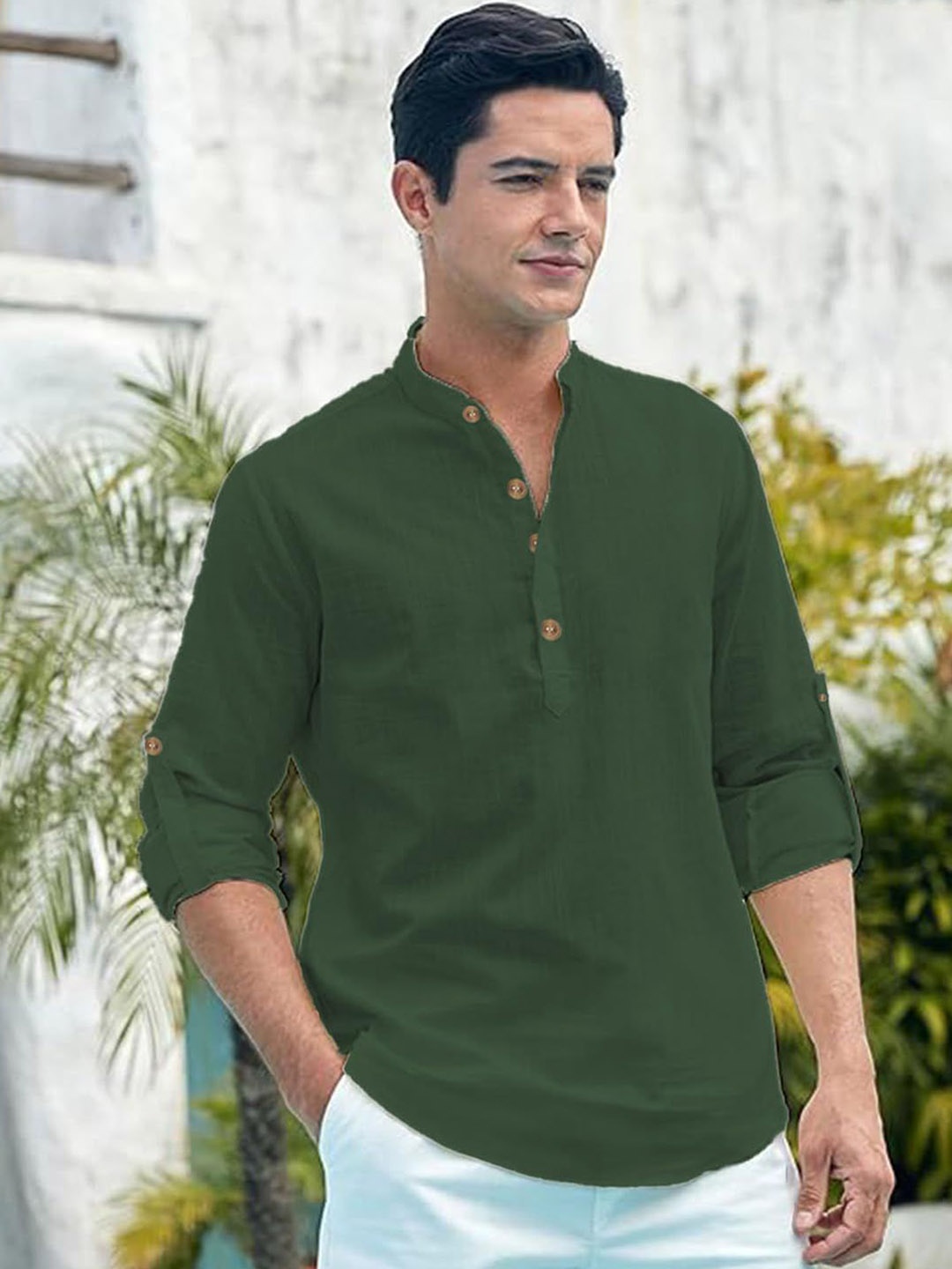 

Vida Loca Band Collar Slim Fit Cotton Straight Kurta, Green