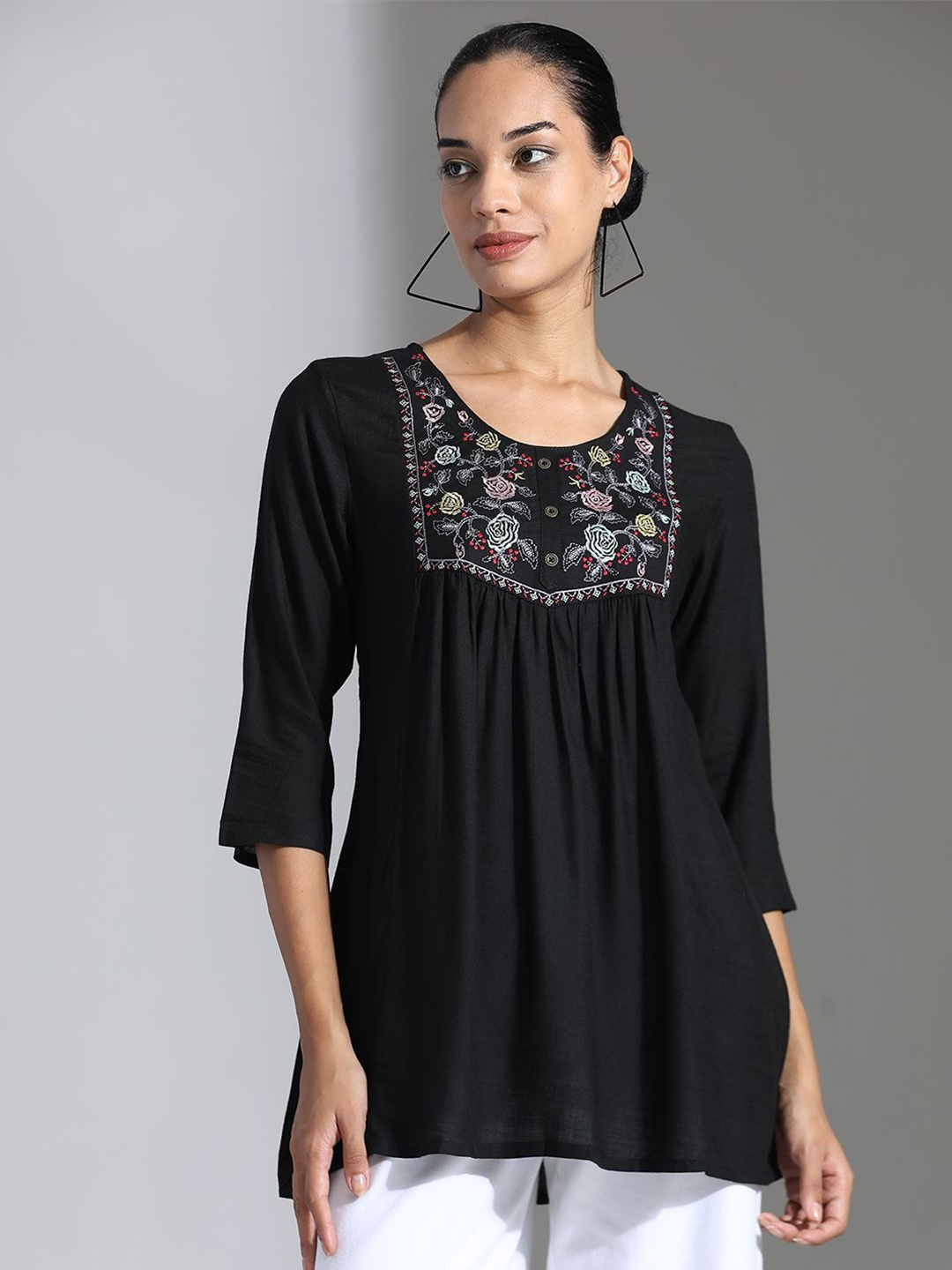 

Jaipur Kurti Floral Embroidered Flared Sleeve Top, Black
