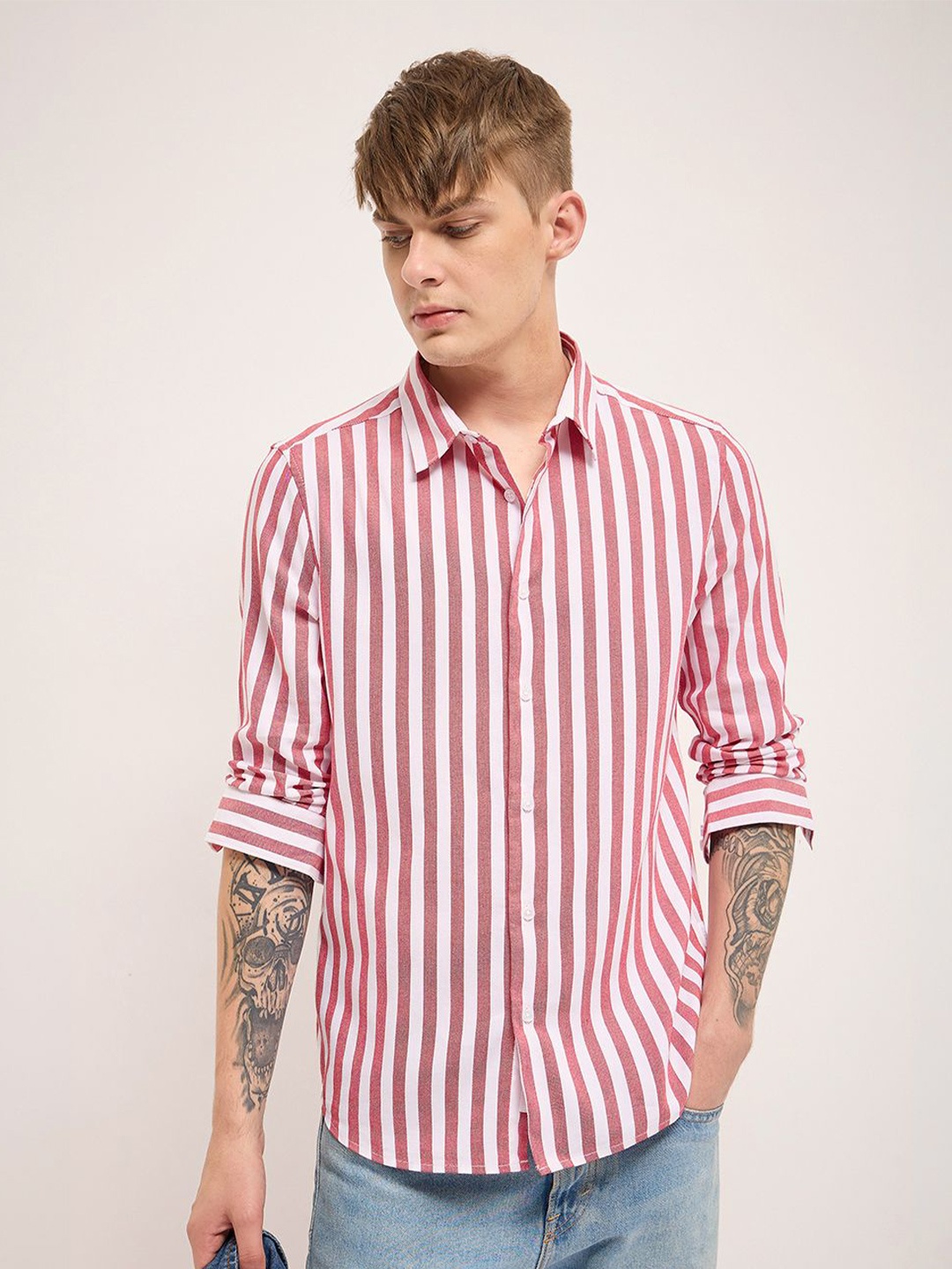 

THE BEAR HOUSE Men Slim Fit Striped Casual Shirt, Red