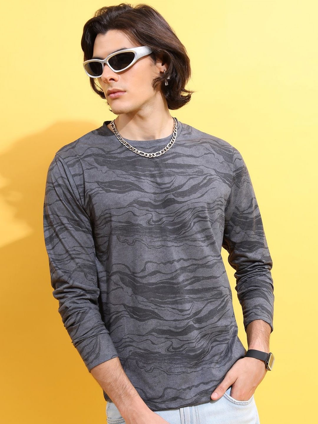 

HIGHLANDER Men Abstract Printed Round Neck Relaxed Fit T-shirt, Grey