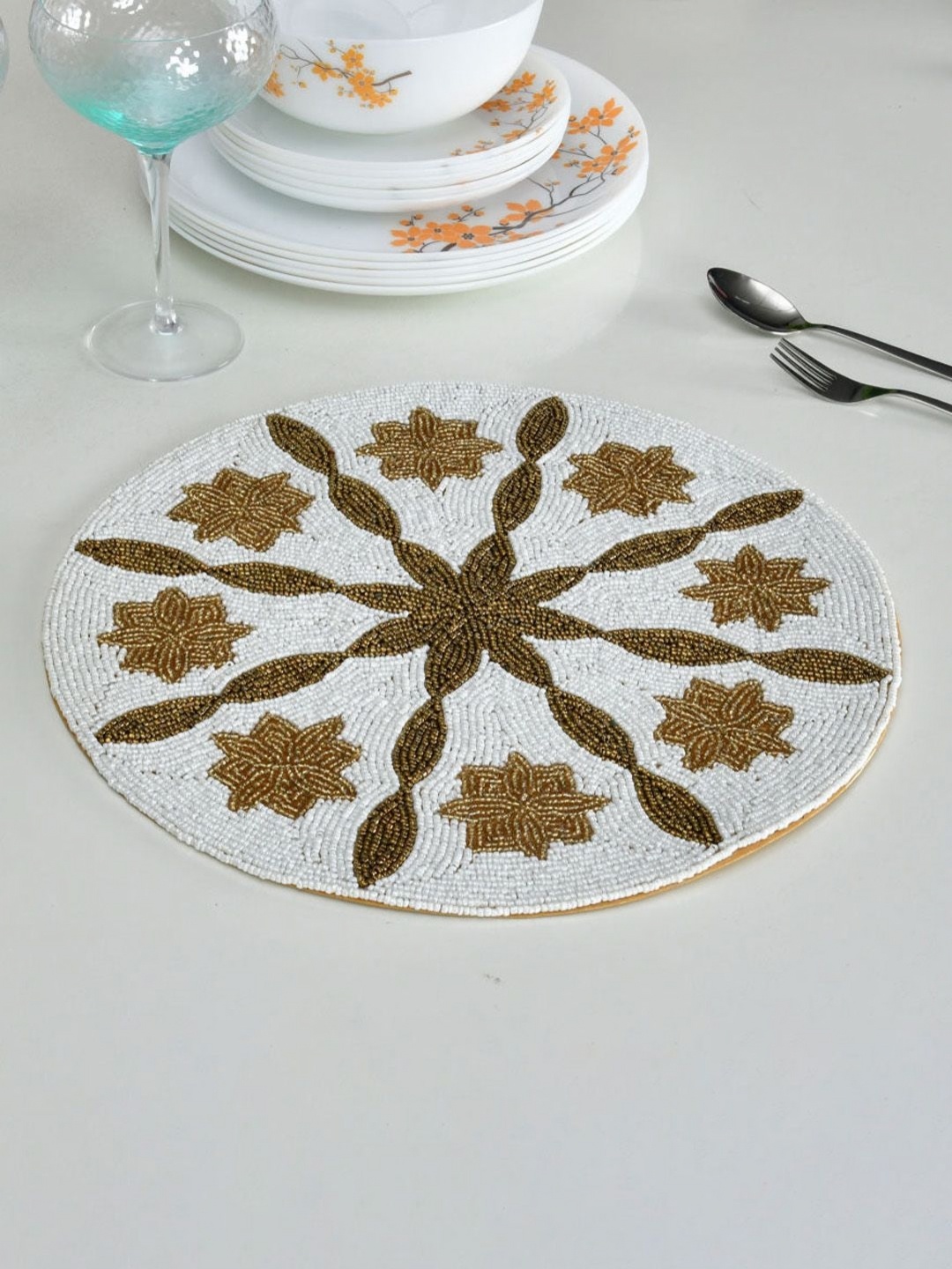 

Athome by Nilkamal Gold Toned & Off White Floral Embellished Beaded Table Placemat