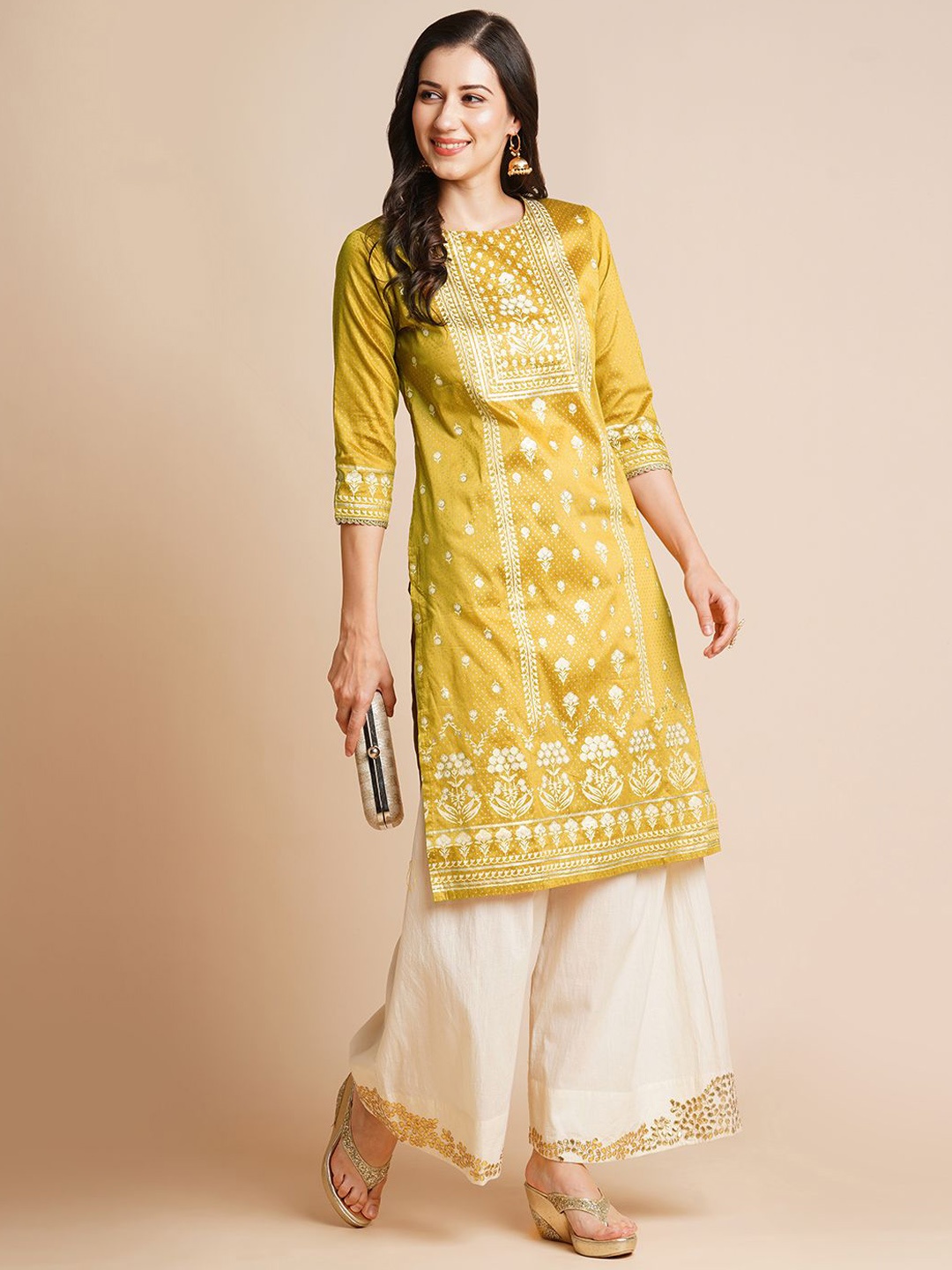 

RATAN Floral Printed Round Neck Chanderi Silk Straight Kurta, Mustard