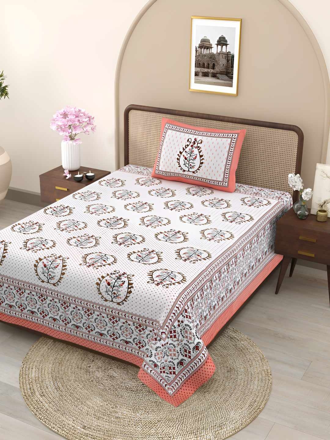 

Jinaya's Orange Colored Floral Printed Pure Cotton 300 TC Single Bedsheet & 1 Pillow Cover