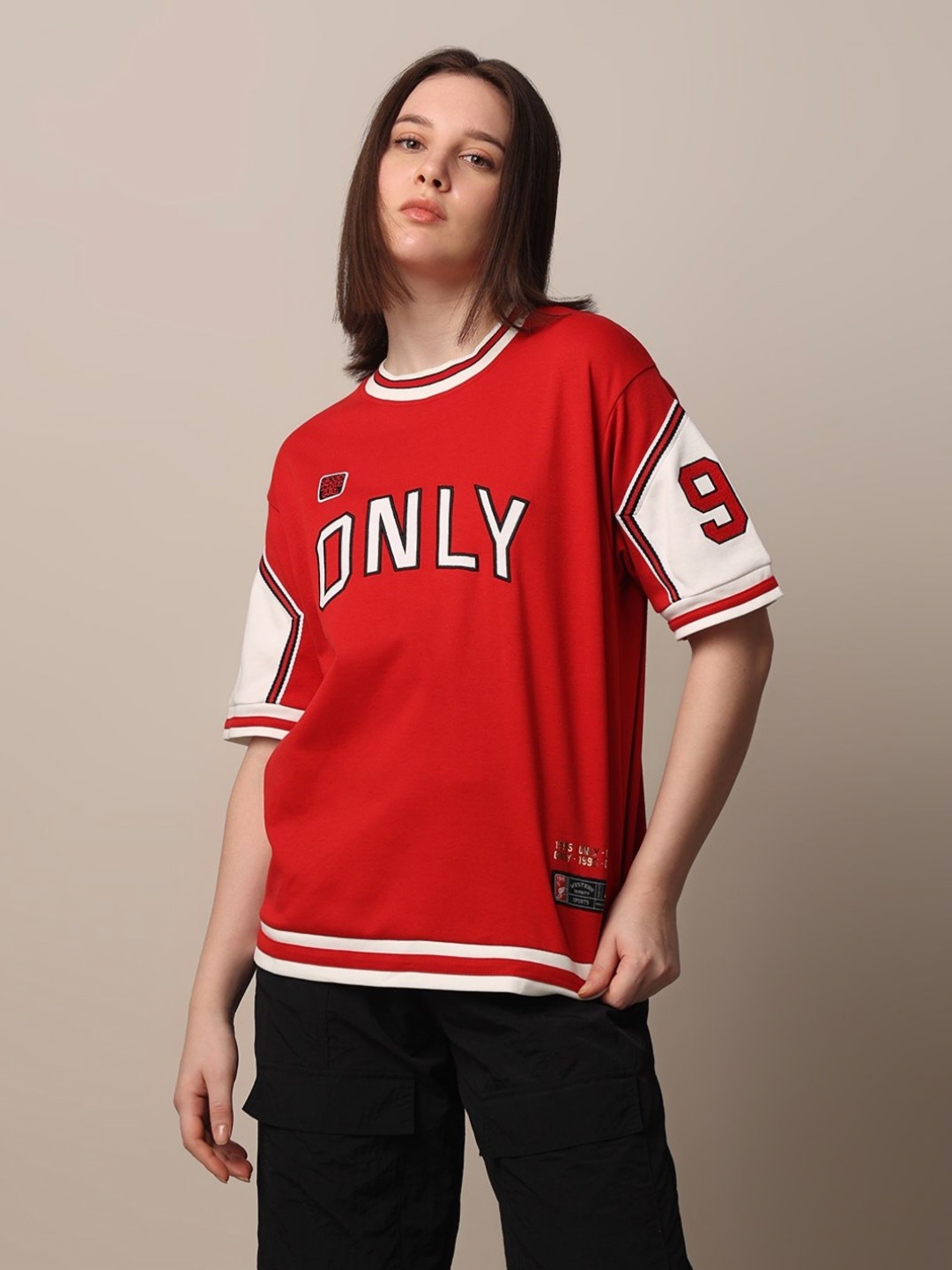 

ONLY Women Varsity Printed Round Neck Cotton Relaxed Fit T-shirt, Red