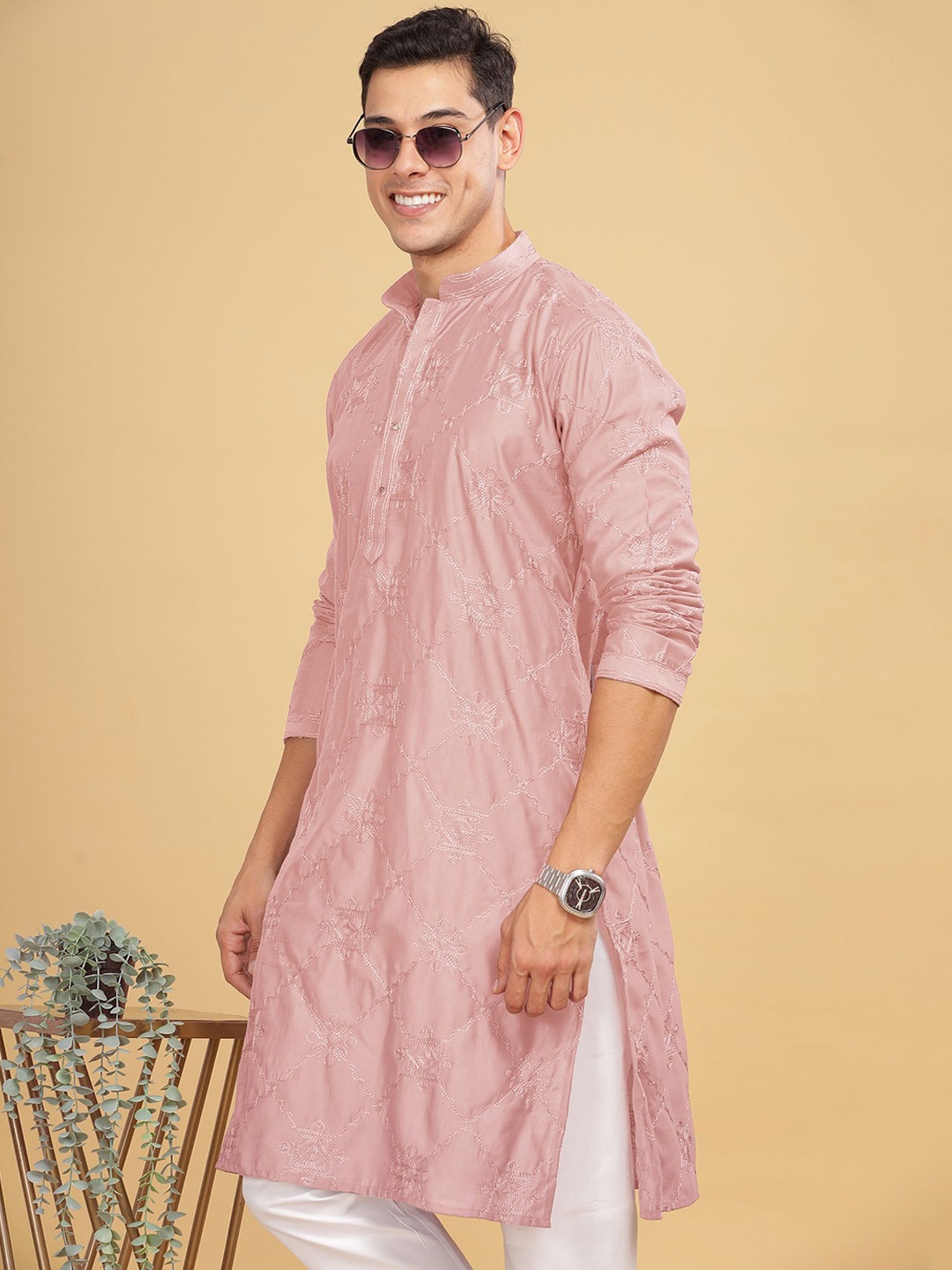 

Anouk Pink Ethnic Motif Embroidered Band Collar Cotton Straight Kurta