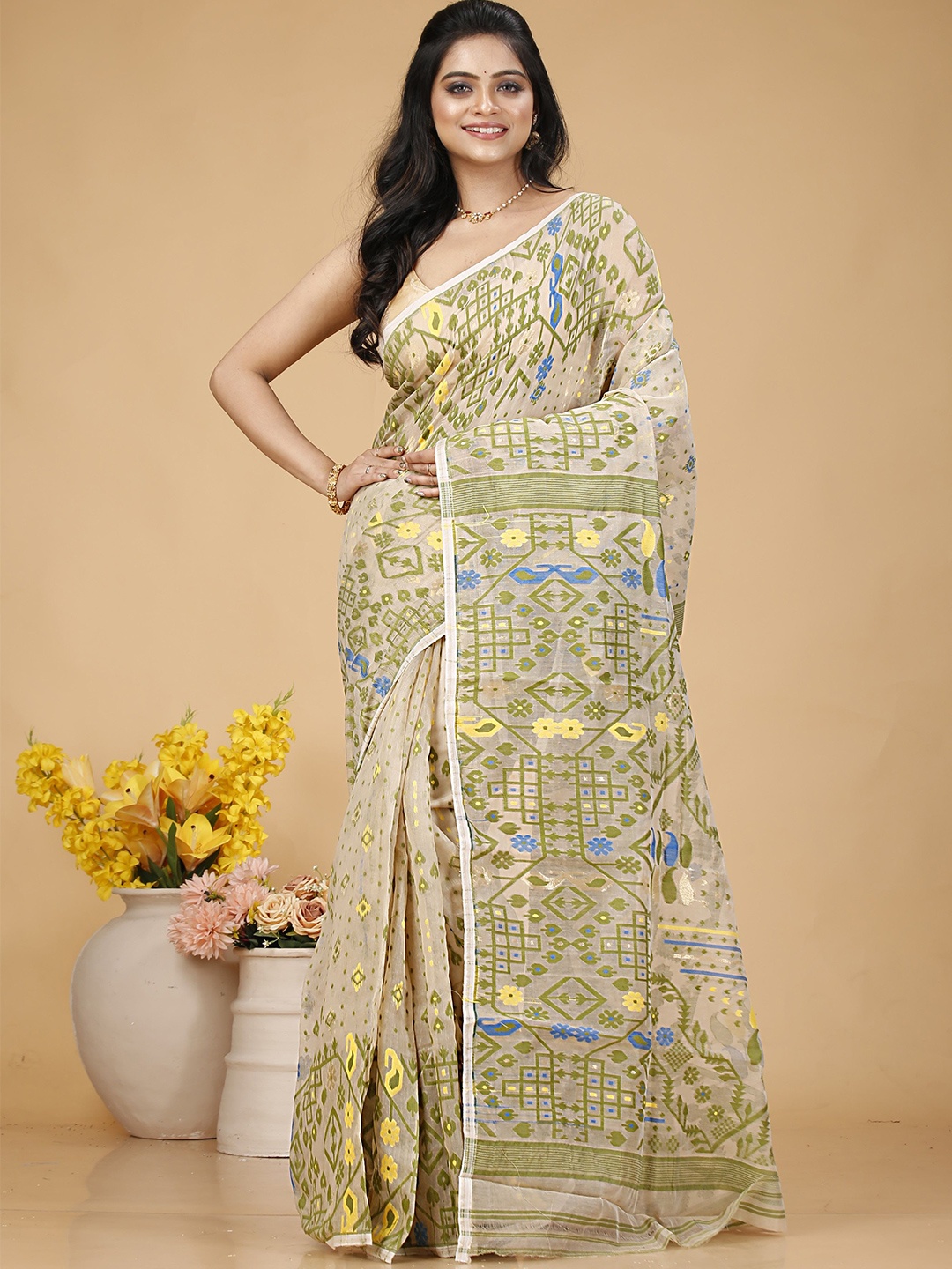 

SLAGHA Floral Zari Jamdani Saree, Fluorescent green