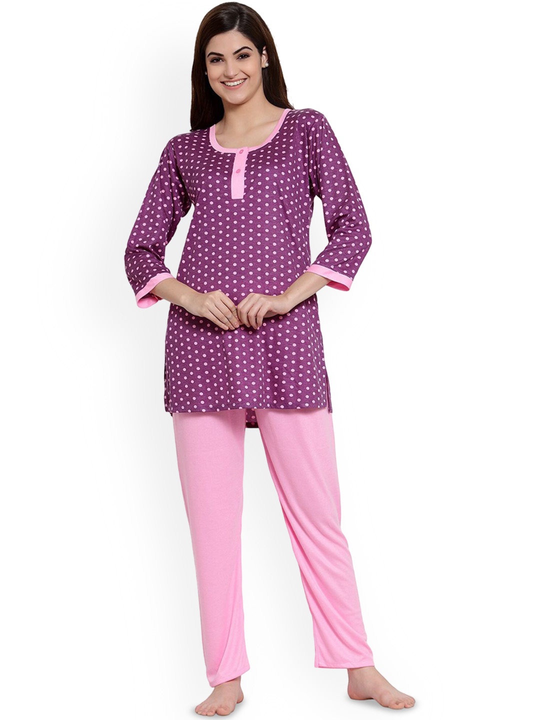 

SHYAM SONS FLAIR Women Polka Dots Printed Round Neck Night suit, Pink