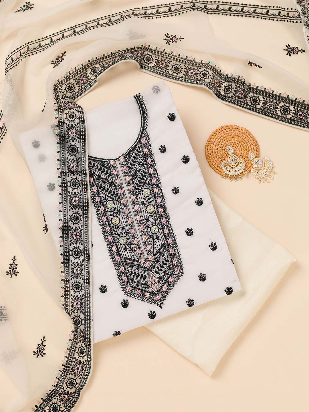 

Koskii Ethnic Motifs Embroidered Beads and Stones Unstitched Dress Material, White