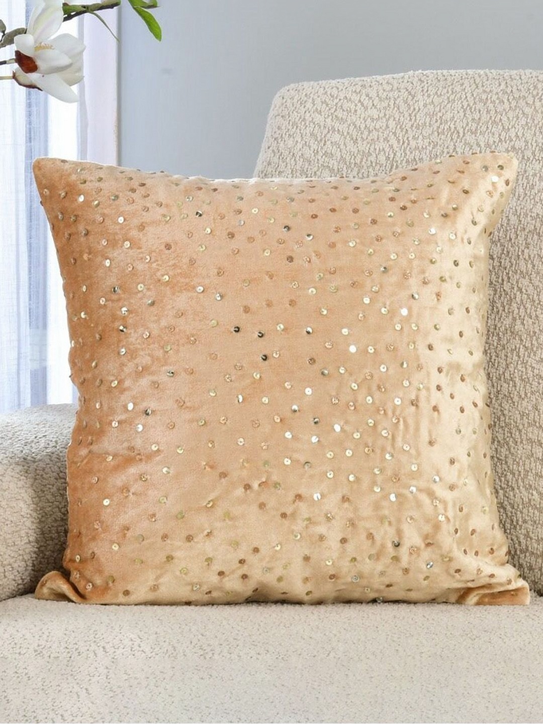 

Athome by Nilkamal Gold Toned & Peach Colored Embellished Square Cushion Cover