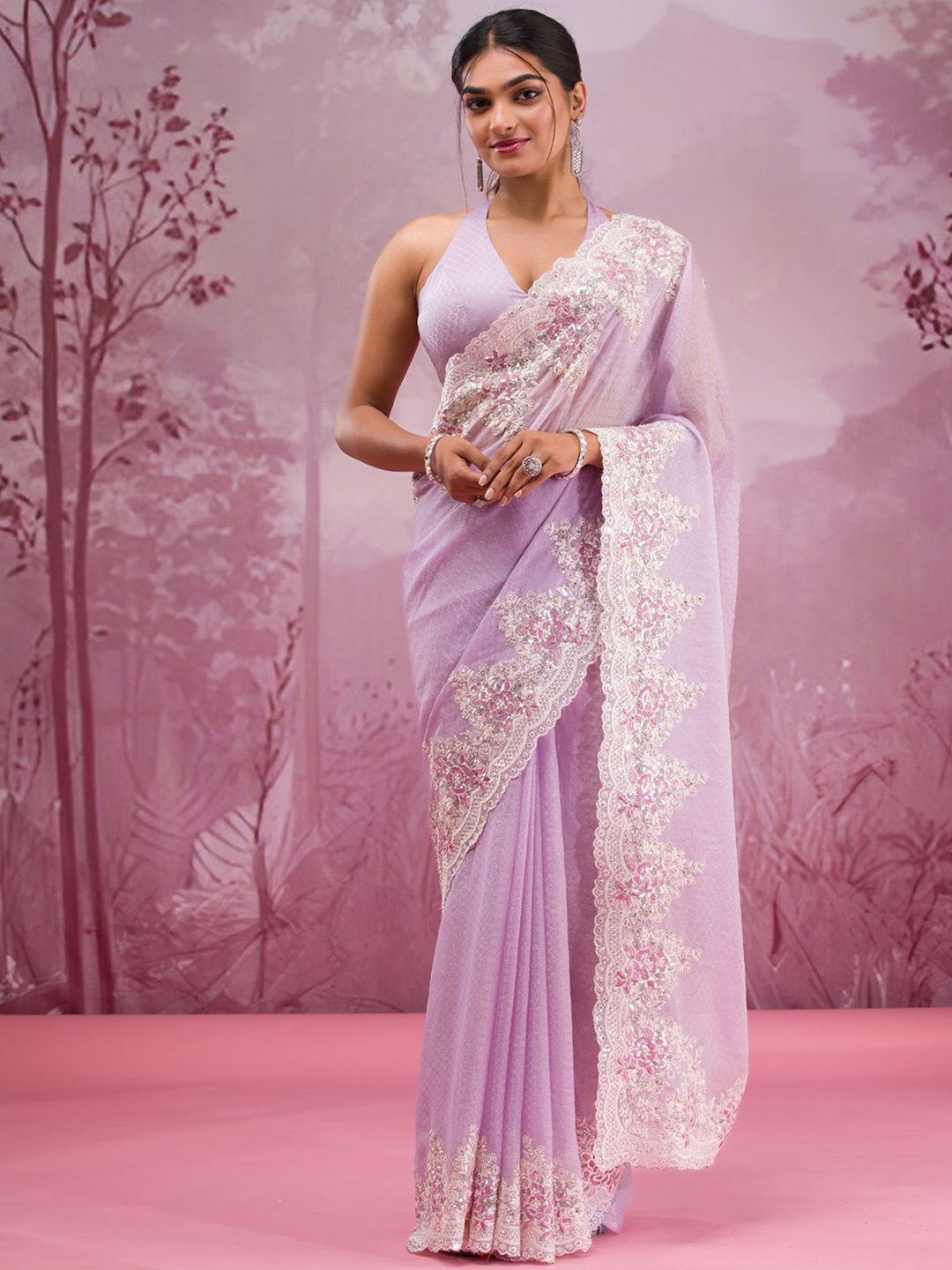 

Koskii Embellished Embroidered Pure Georgette Ready to Wear Saree, Purple