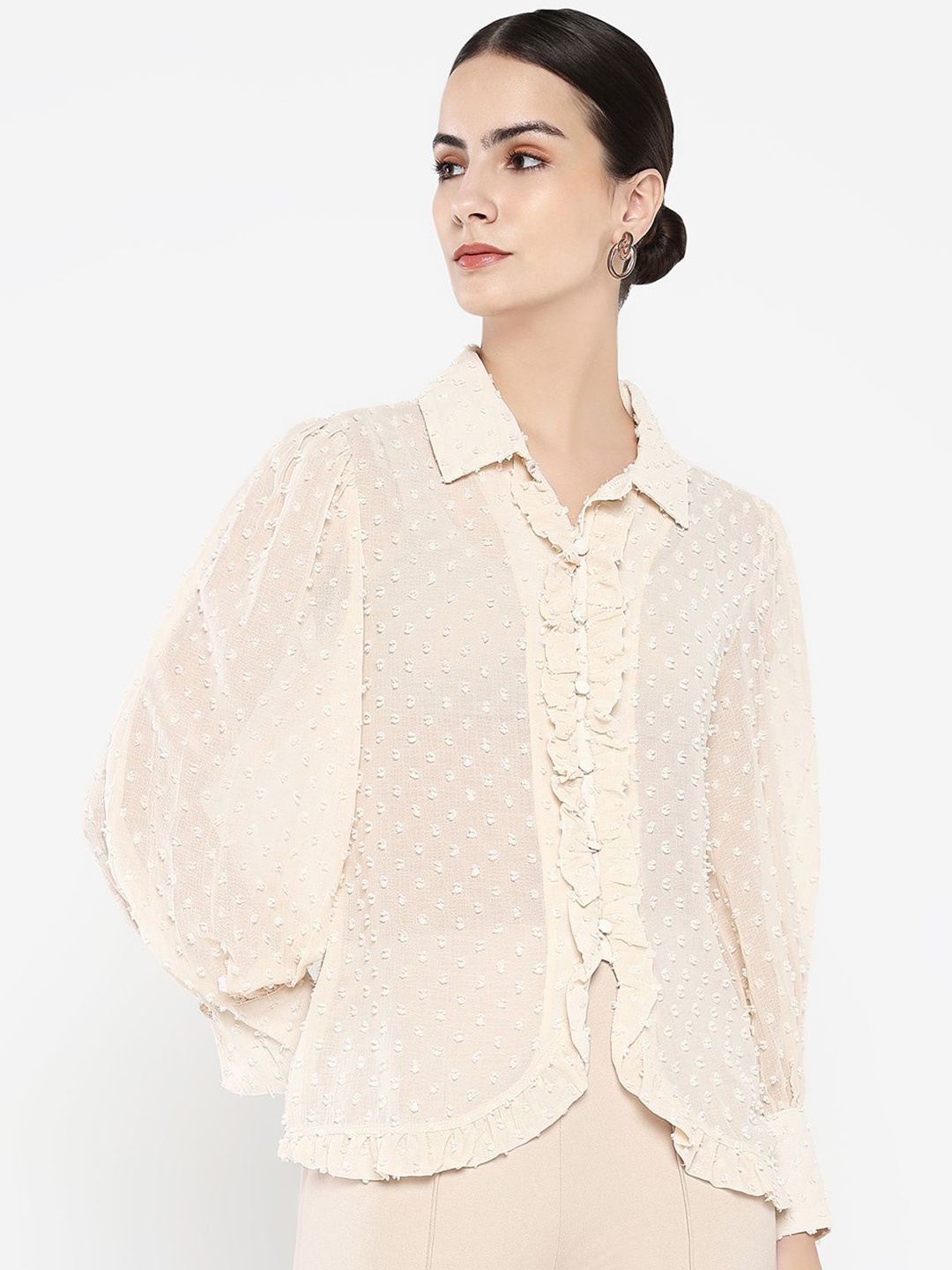

RAREISM Women Self Design Shirt Collar Top, Beige