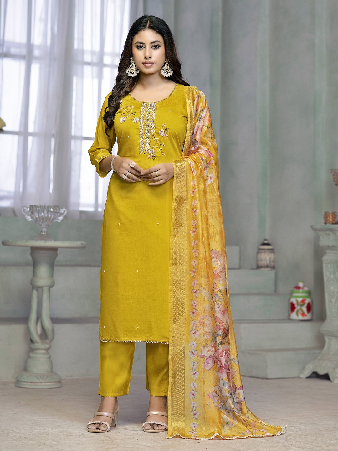 

Maroosh Women Embroidered Kurta & Trouser with Dupatta Set, Yellow