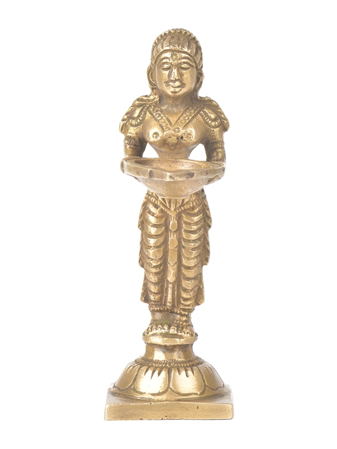 

Indianshelf Gold Toned Lady Holding Textured Brass Diya