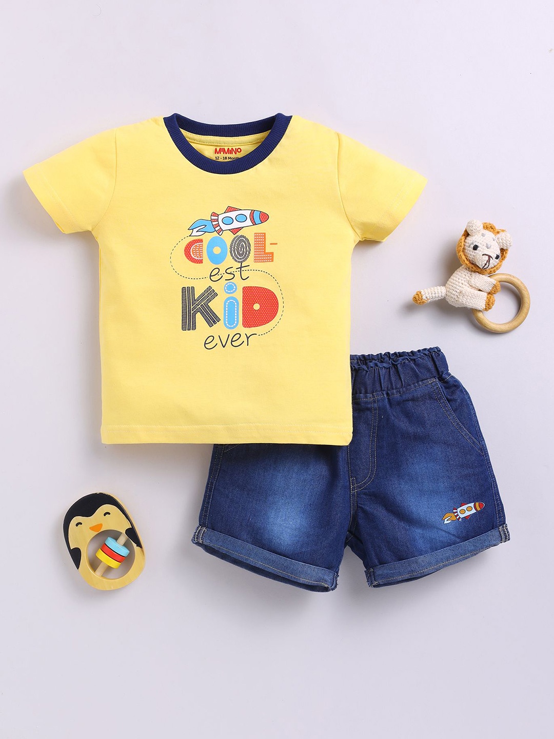 

MIMINO Girls Printed Pure Cotton T-shirt With Shorts, Yellow