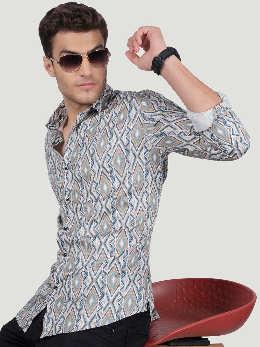 

ALMATY Men Comfort Spread Collar Abstract Printed Cotton Slim Fit Party Shirt, Grey