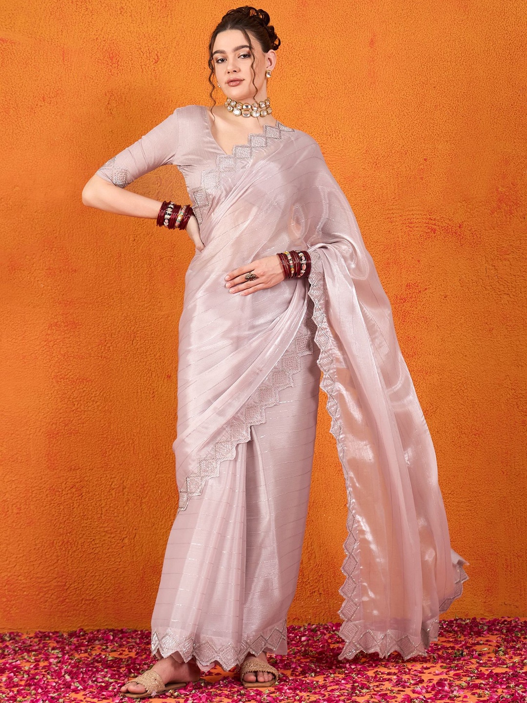 

Sangria Embellished Beads and Stones Saree, Cream