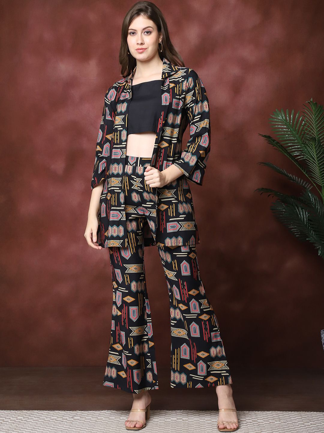 

Claura Geometric Printed Silk Top & Trouser With Jackets, Black