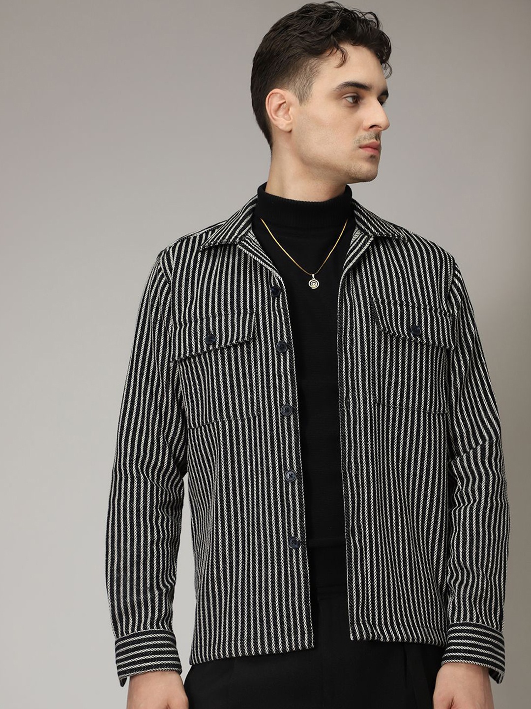 

Banana Club Men Striped Open Front Jacket, Black