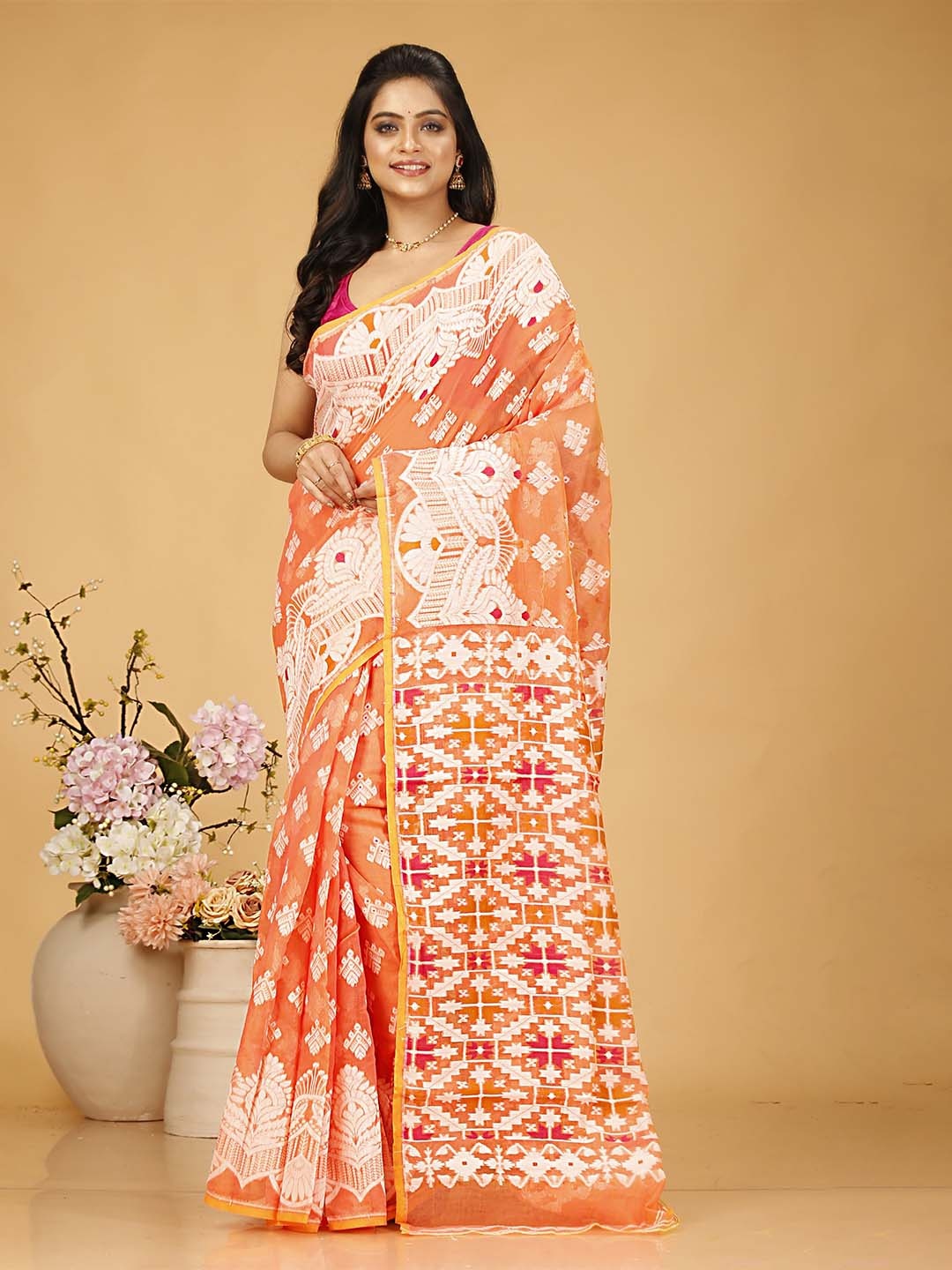 

SLAGHA Woven Design Zari Jamdani Saree, Orange
