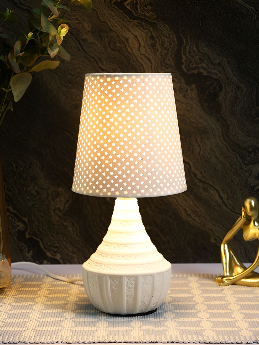 

TAYHAA White Printed Ceramic Contemporary Frusturical Shaped Table Lamp