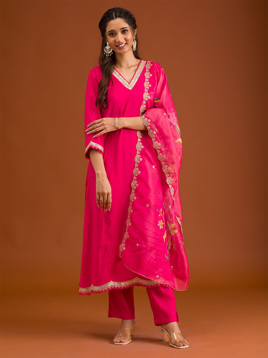 

Koskii Sequinned A-Line Kurta With Trouser & Dupatta, Pink