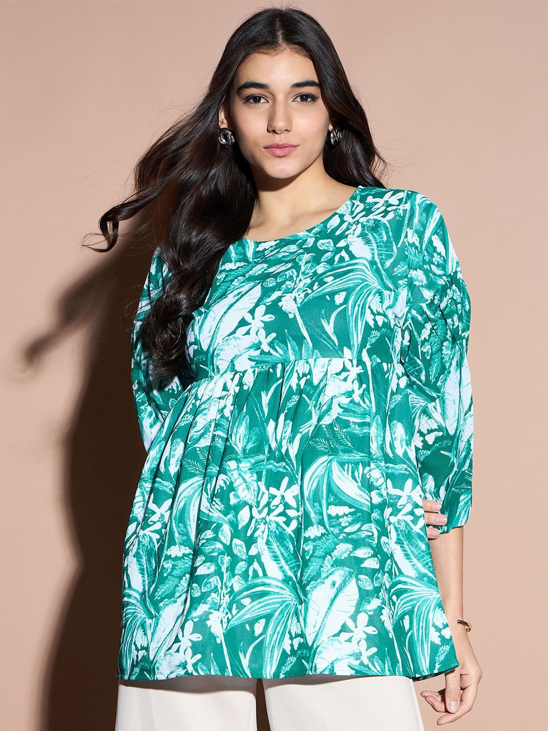

DressBerry Women Tropical Printed Round Neck Top, Green