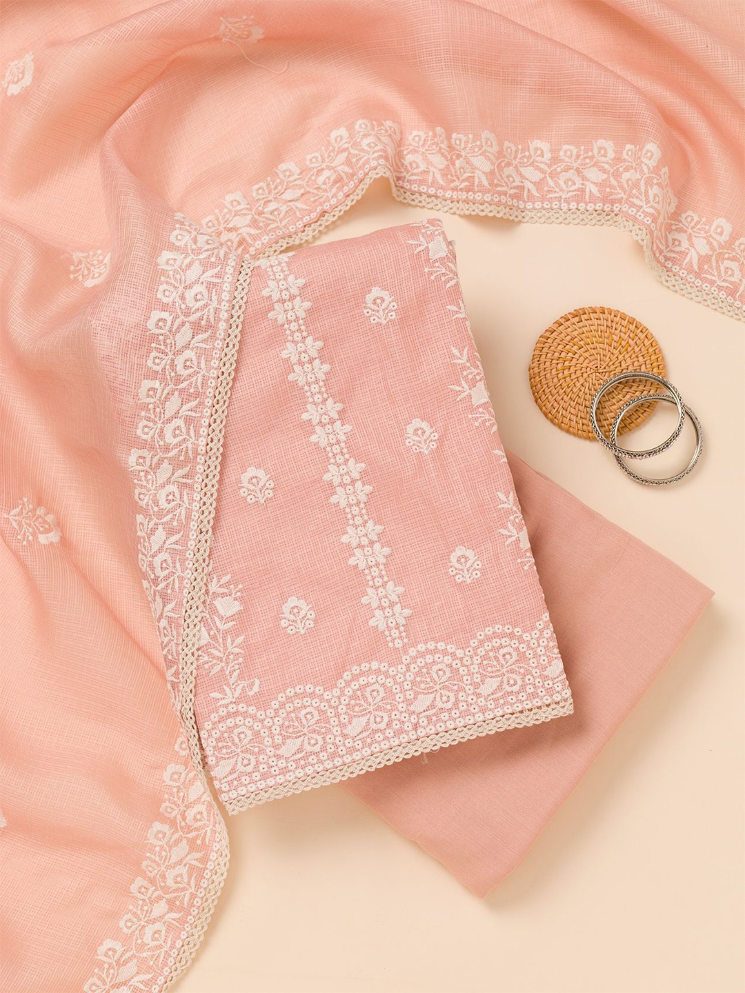 

Koskii Floral Embroidered Unstitched Dress Material, Peach