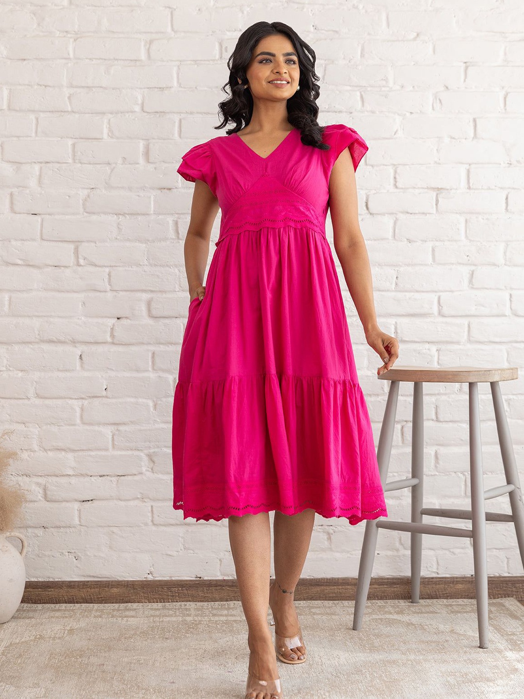 

Polago Clothing Solid Cotton V-neck Short Flutter Sleeves Fit and Flare Knee Length Dress, Pink