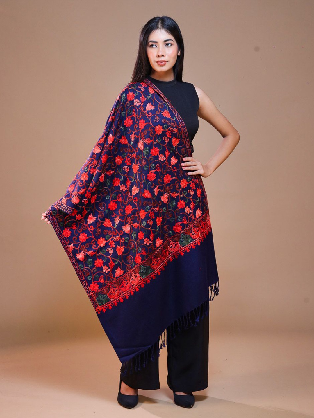 

SWI Stylish Women Ethnic Motifs Embroidered Woolen Stole, Navy blue