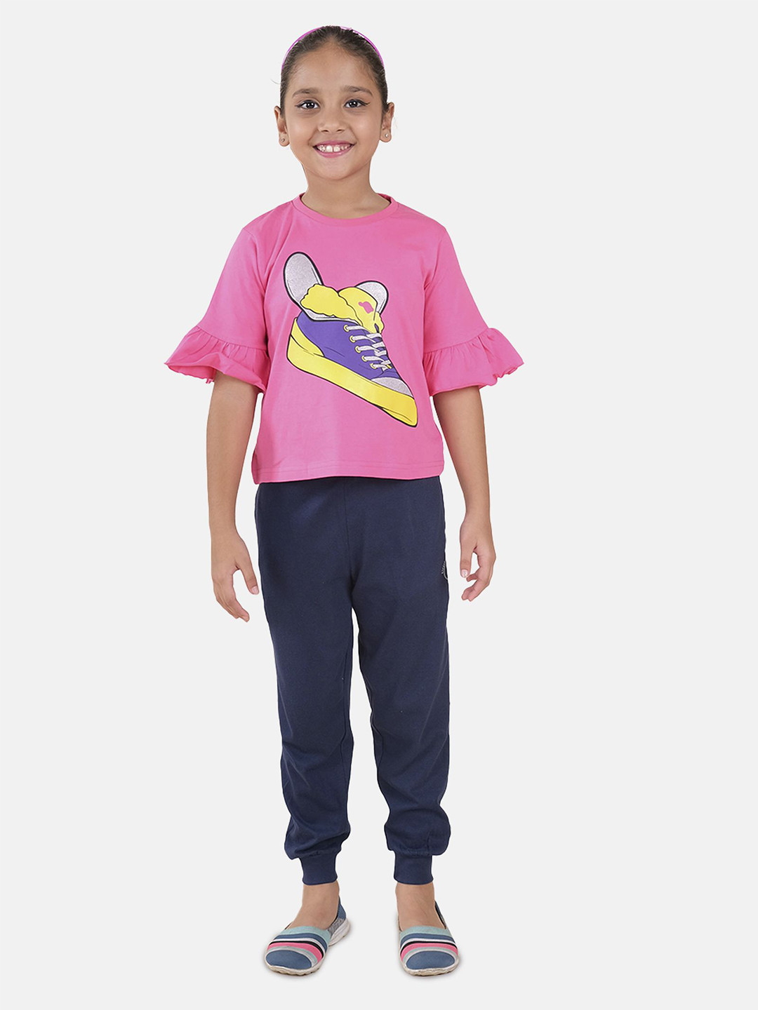 

KiddoPanti Girls Printed Pure Cotton Top With Jogger, Pink