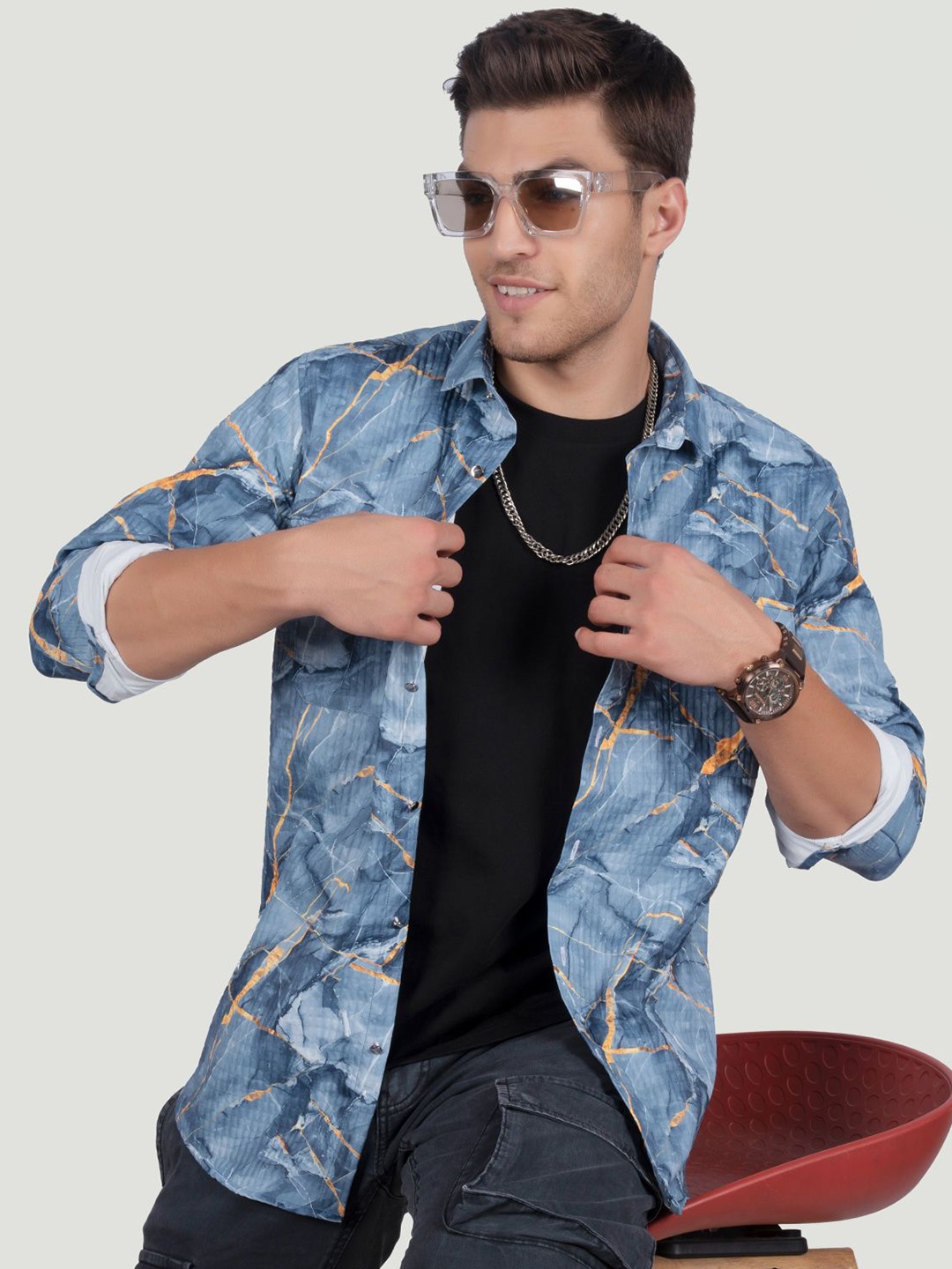 

ALMATY Men Comfort Spread Collar Abstract Printed Cotton Slim Fit Party Shirt, Blue