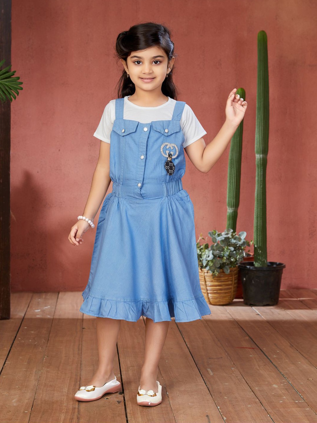 

Aarika Girls Square Neck Flared Midi Dress with T-Shirt, Blue