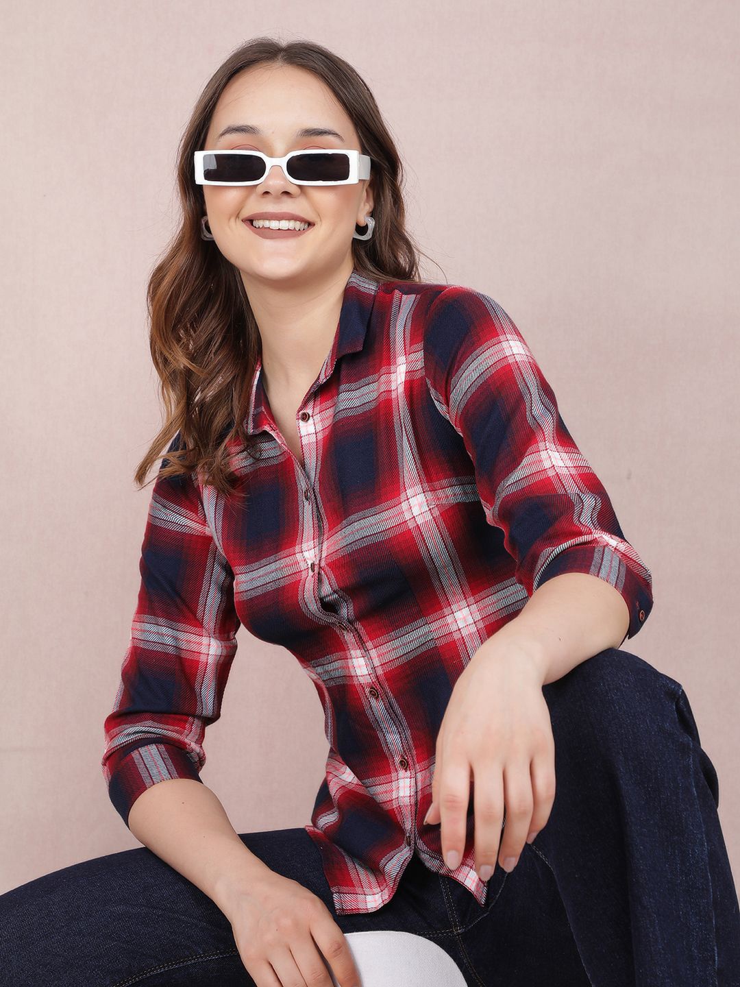 

Crimsoune Club Women Smart Spread Collar Tartan Checked Cotton Slim Fit Casual Shirt, Red