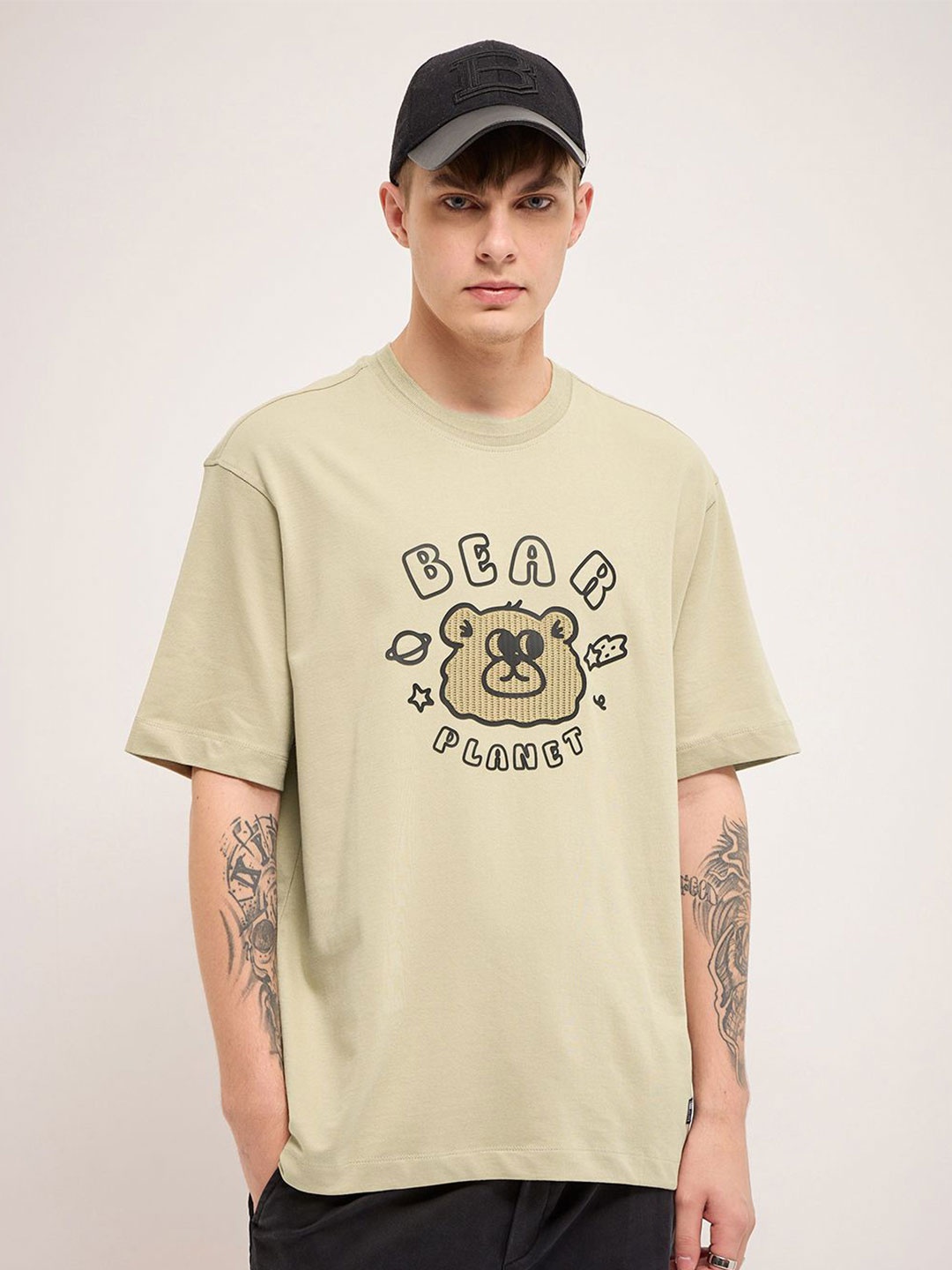 

THE BEAR HOUSE Men Graphic Printed Round Neck Cotton Oversized T-shirt, Beige