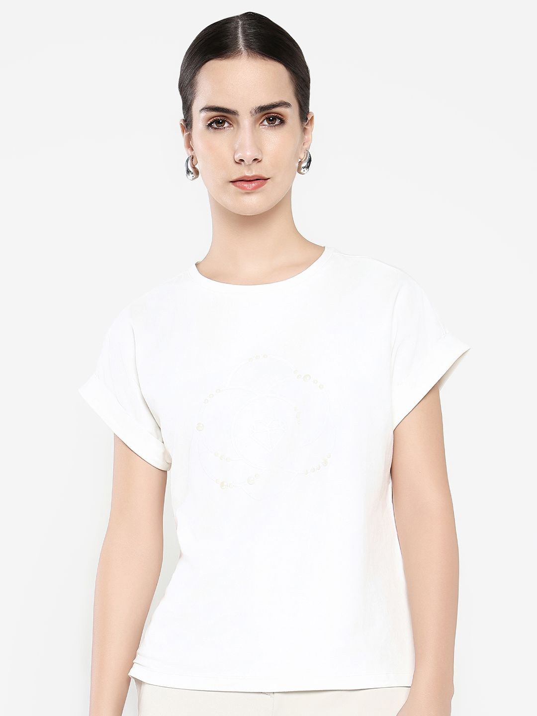 

RAREISM Women Graphic Printed Round Neck Cotton Relaxed Fit T-shirt, Off white