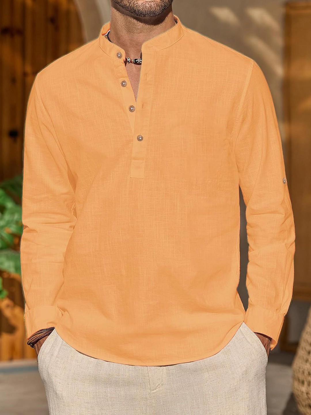 

Vida Loca Slim Fit Mandarin Collar Roll-Up Sleeves Cotton Short Kurta, Orange