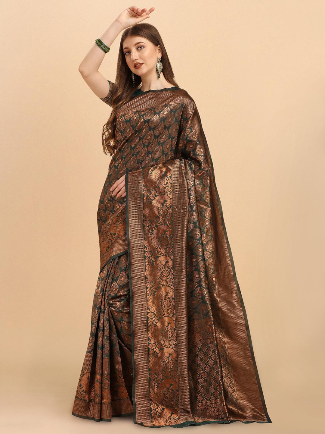 

Quelea Woven Design Zari Pure Silk Banarasi Saree, Green